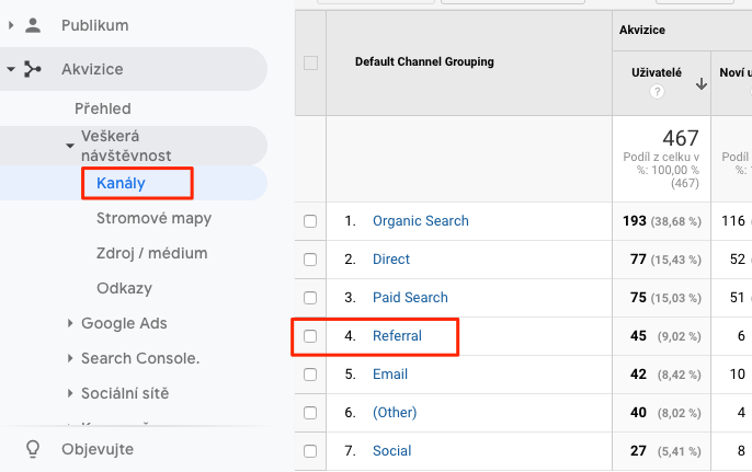 Výběr kanálu referral v Google Analytics