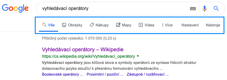 základní rozložení vyhledávače Google