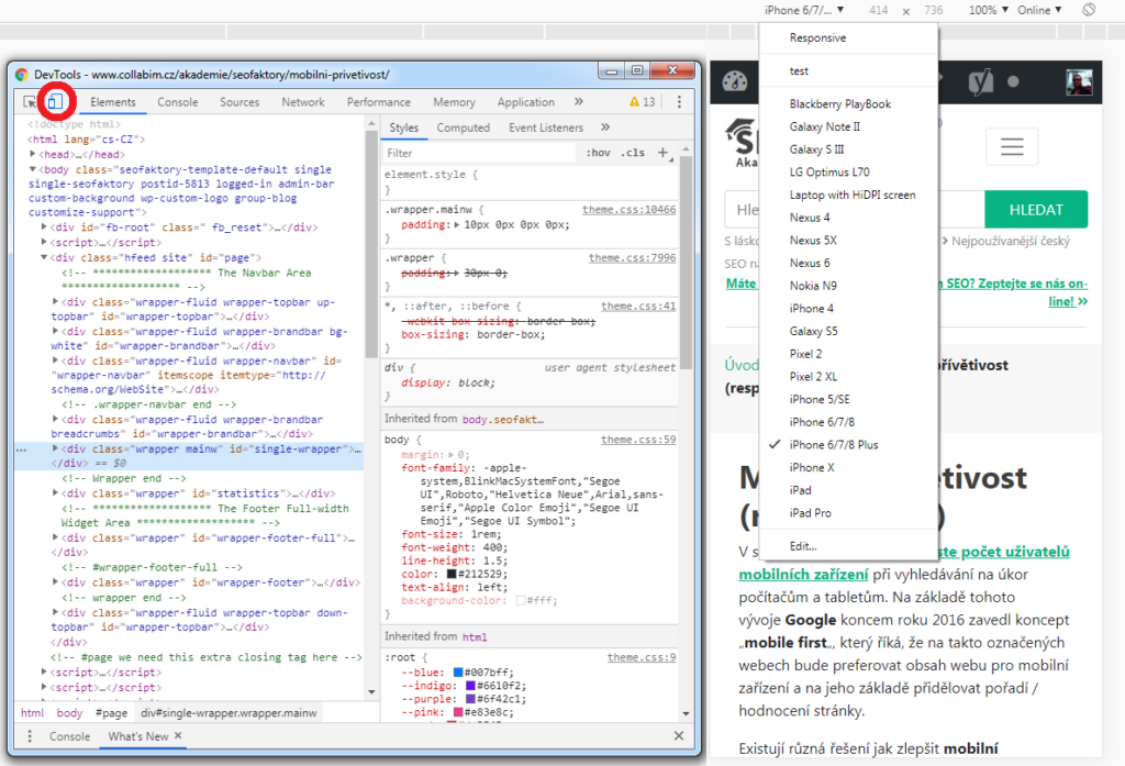 Ověření rensponzivity přes Google Chrome
