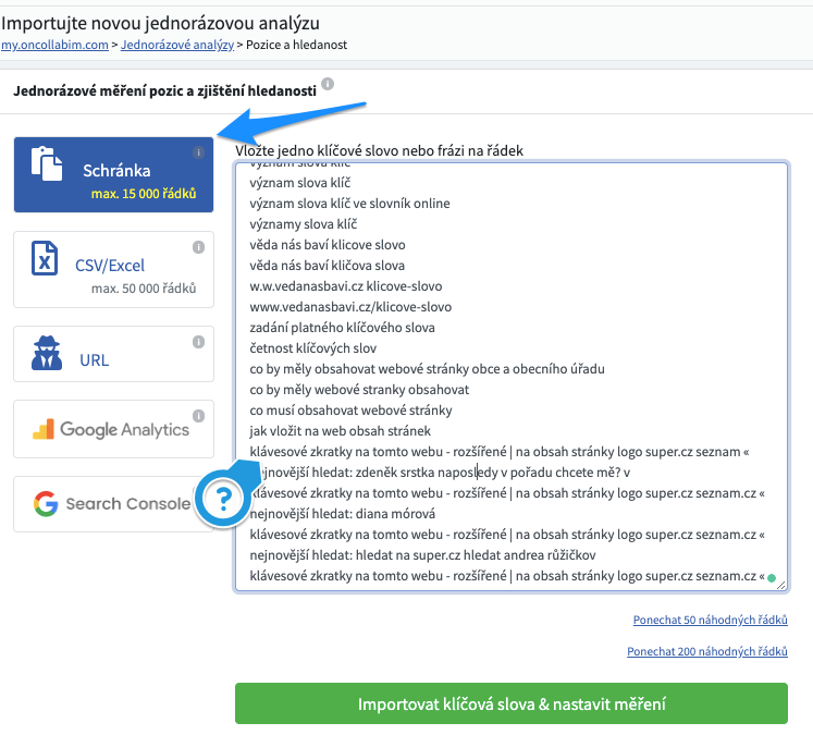 Výběr klíčových slov v SEO nástroji Collabim