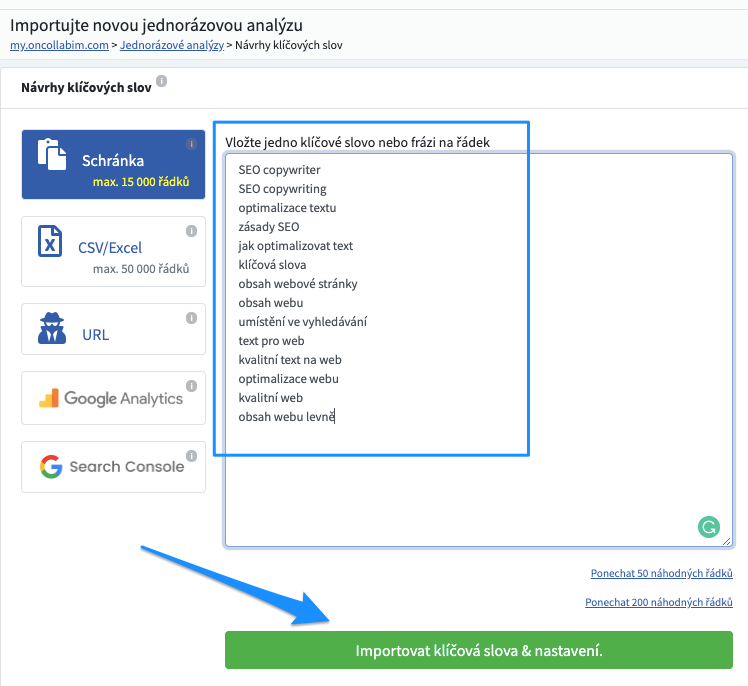 Import klíčových slov k měření