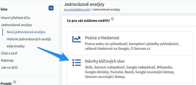 Návrh klíčových slov v SEO nástroji Collabim
