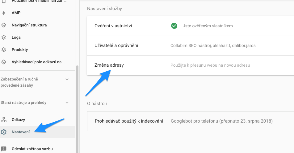 Funkce Změna adresy v Google Search Console