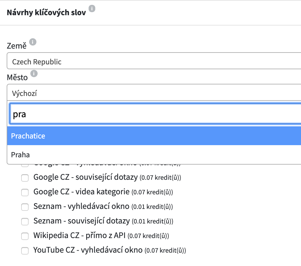 Návrh klíčových slov a přidání výběru města
