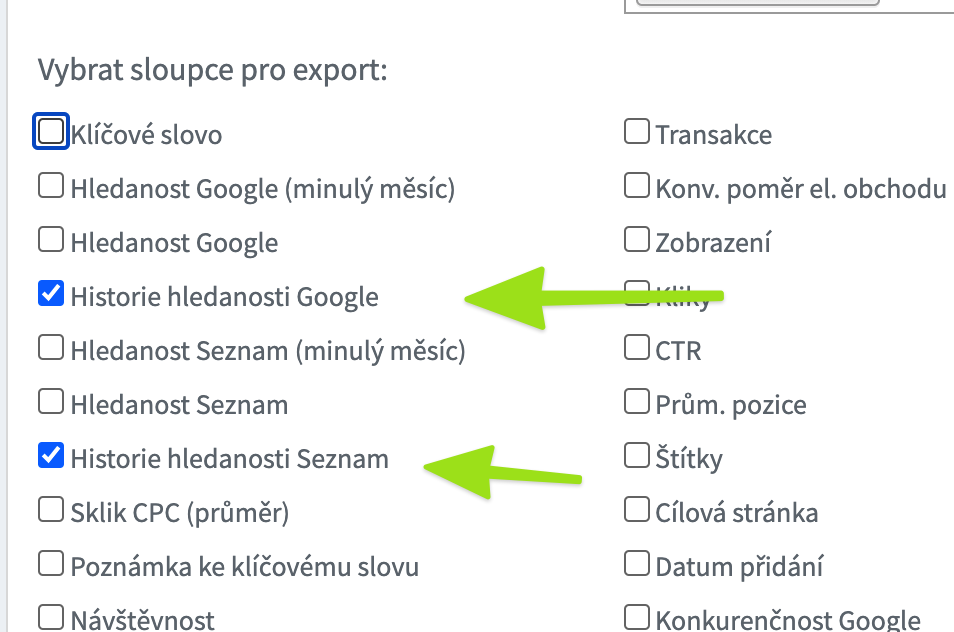 Export klíčových slov včetně historických hodnot hledanosti na Google a Seznam