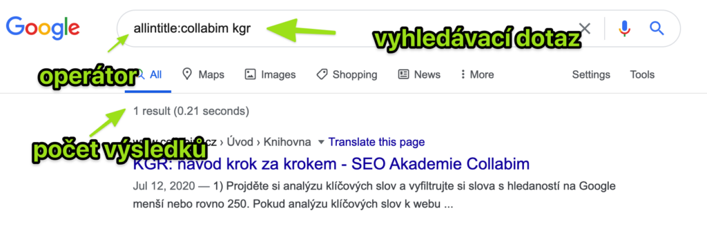 Zjištění počtu výsledků pomocí google operátoru allintitle