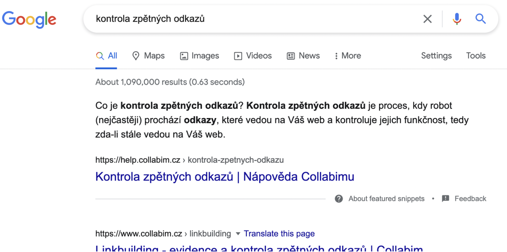 Vytvořený Featured Snippet pro KW kontrola zpětných odkazů