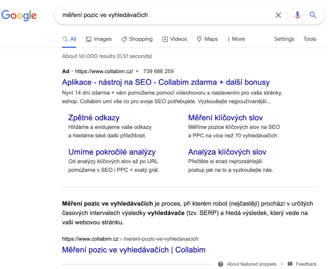 Vytvořený Featured Snippet pro KW měření pozic ve vyhledávání