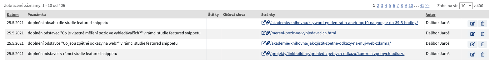 Tměny na cílových stránkách viditelné v Marketingovém deníku