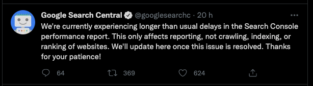 Google Search Central - Twitter post o zpoždění reportingu v GSC