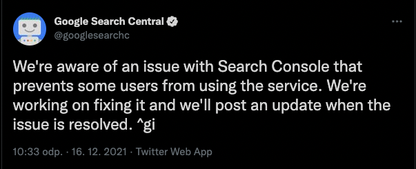 Informace o výpadku Google Search Console