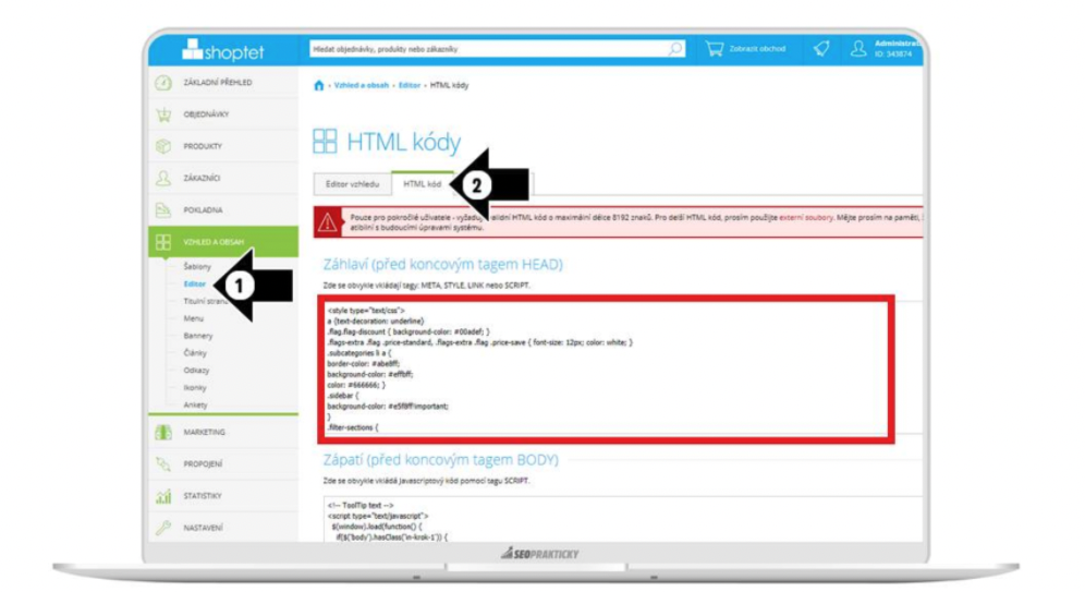 Shoptet: Editace metatagů se dělá v Editor → HTML kód → Záhlaví.