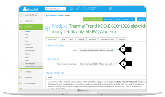 Ukázka editačních polí názvu a URL na kartě produktu