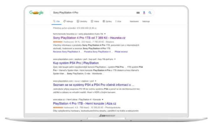 Výsledky vyhledávání na Google CZ na frázi „Sony PlayStation 4 Pro“