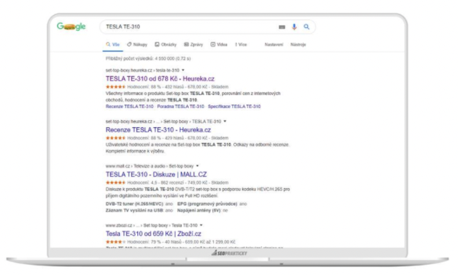 SERP s výsledky vyhledávání na dotaz „tesla te-310“.