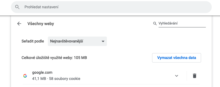 Google Chrome – odstranění cookies