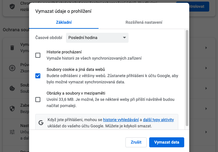 Google Chrome – vymazat údaje o prohlížení