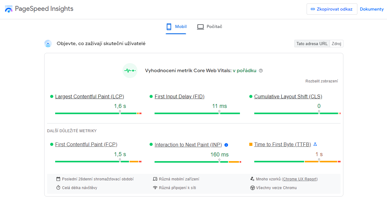 Pagespeed Insights metriky stránky