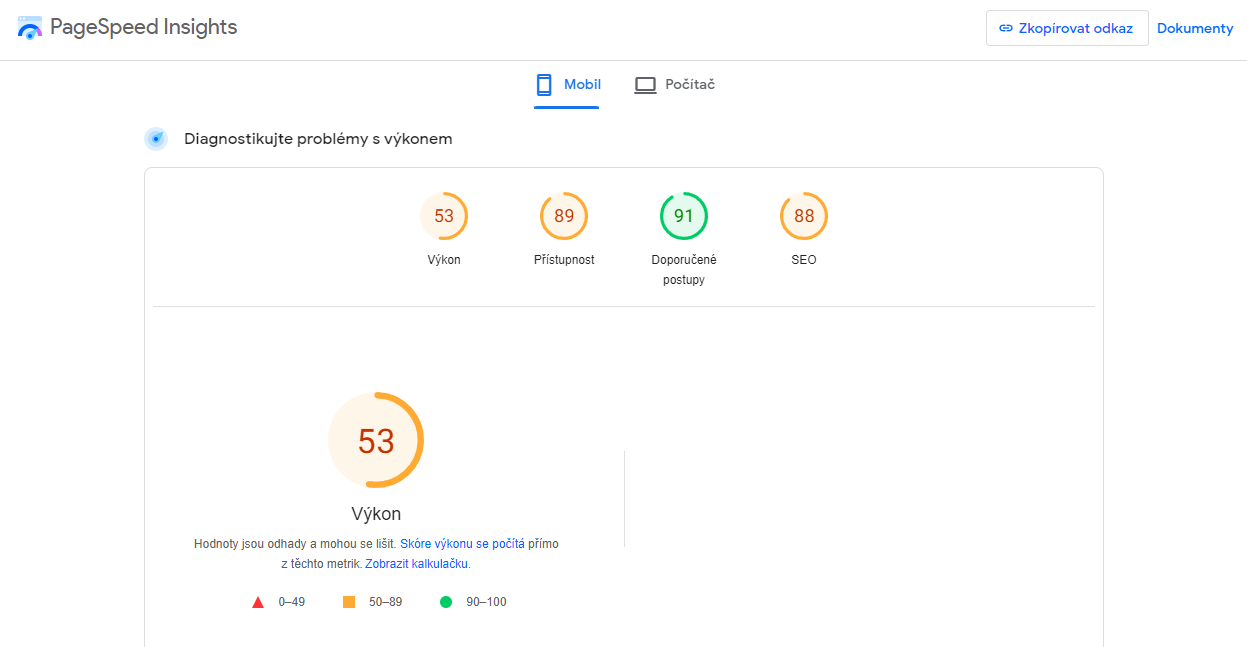 Pagespeed Insights výkon webu