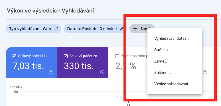 Pokročilé možnosti filtrace v GSC.