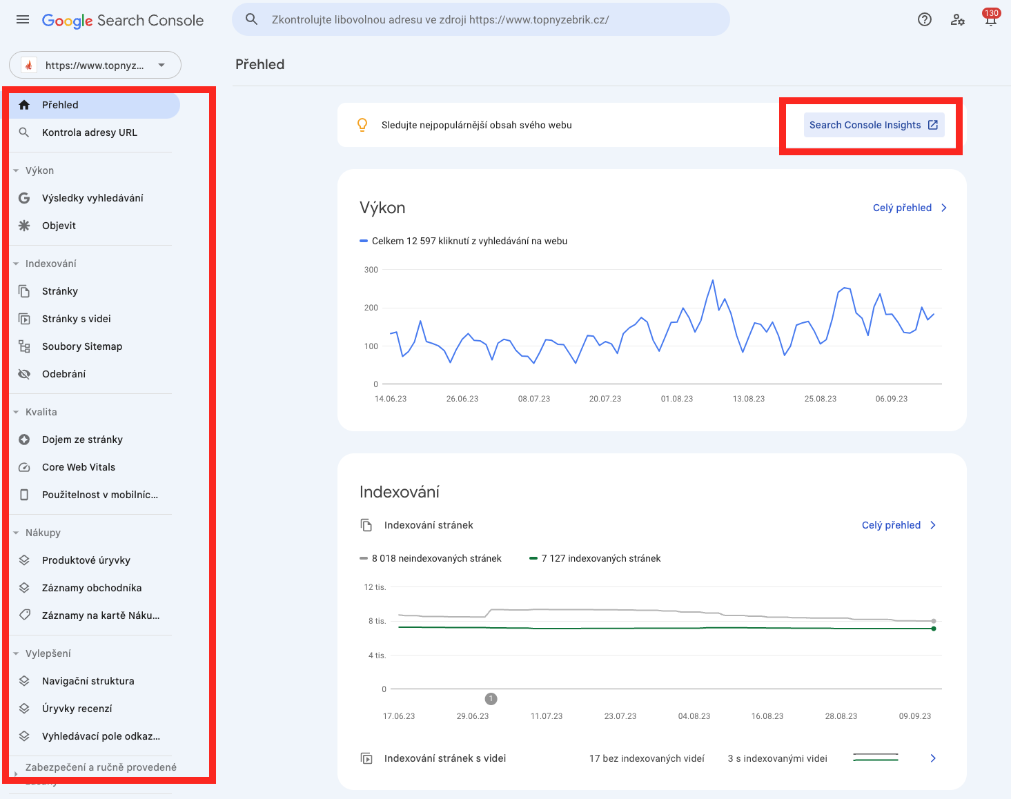 Základní stránka (dashboard) Google Search Console