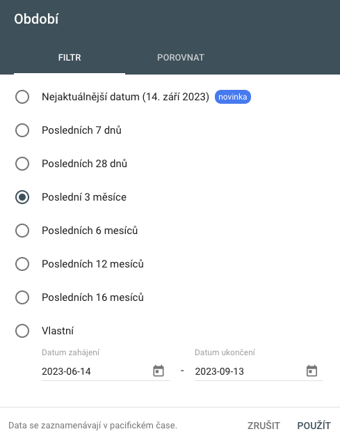 Možnost filtrace podle období v GSC.