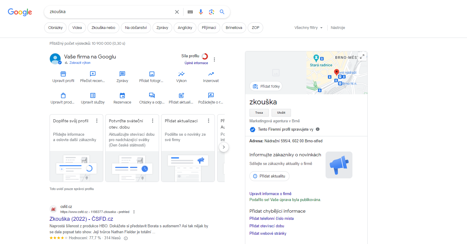 Google Moje firma - Nastavení 