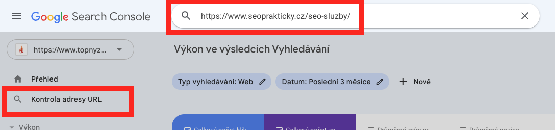 Kontrola adresy URL v GSC - inspektor URL