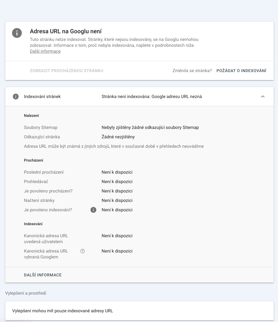 Nezaindexovaná stránka v Google Search Console - požádání o indexaci