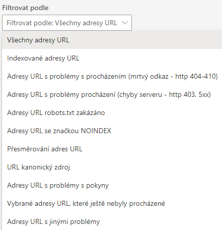 Bing Webmaster Tools Průzkumník webu - Filtrování