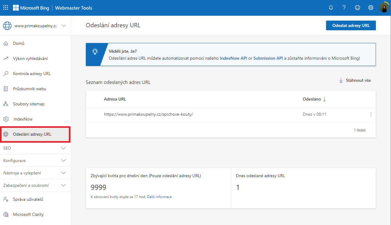 Bing Webmaster Tools Odeslání adresy URL