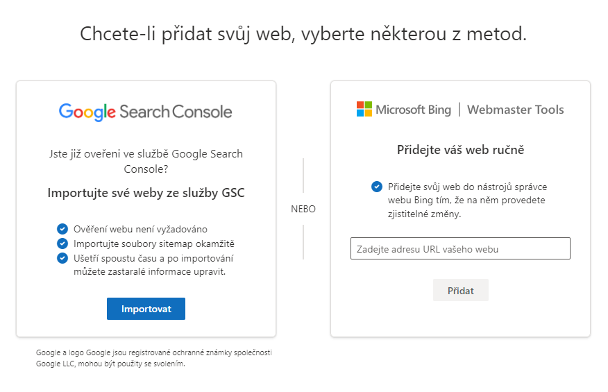 Bing Webmaster Tools Přidání webu