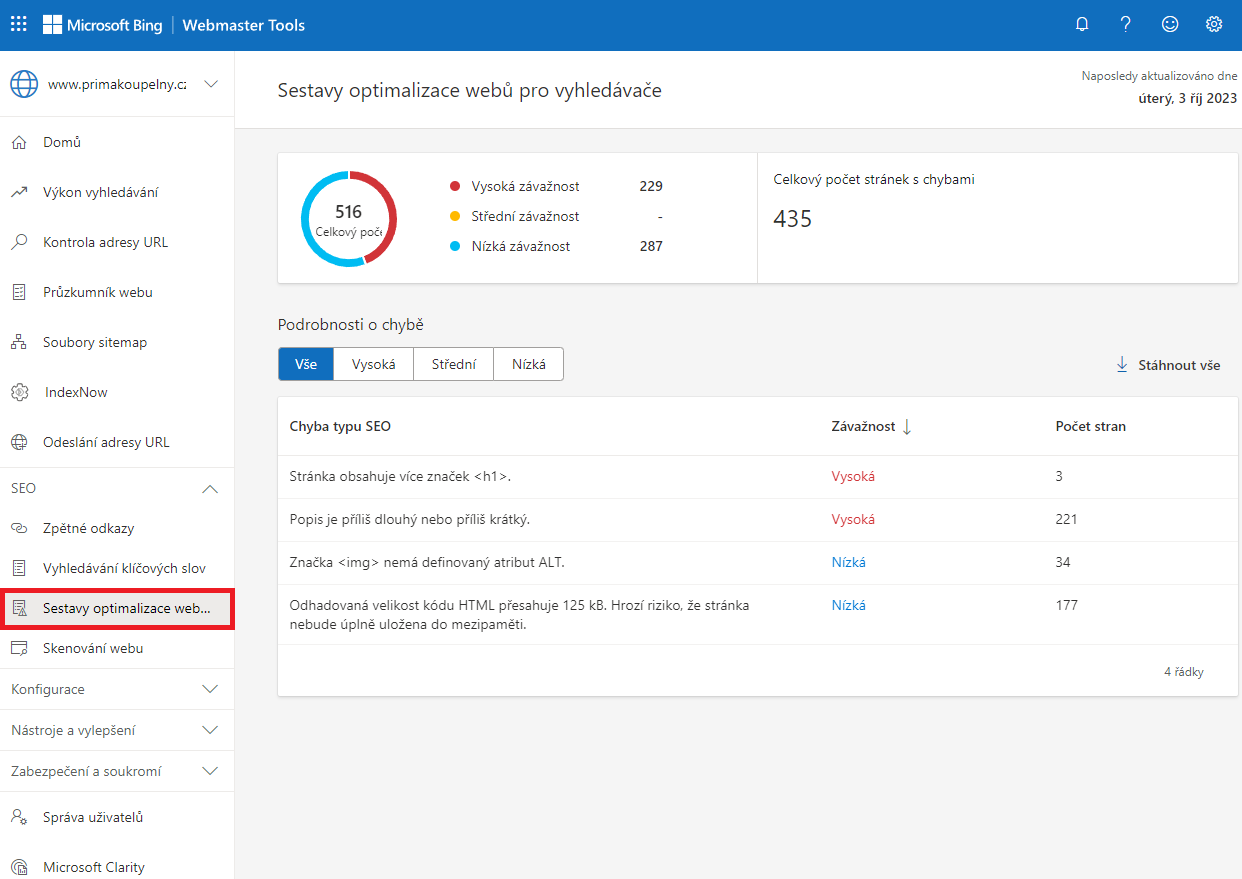 Bing Webmaster Tools Sestavy optimalizace webu pro vyhledávače