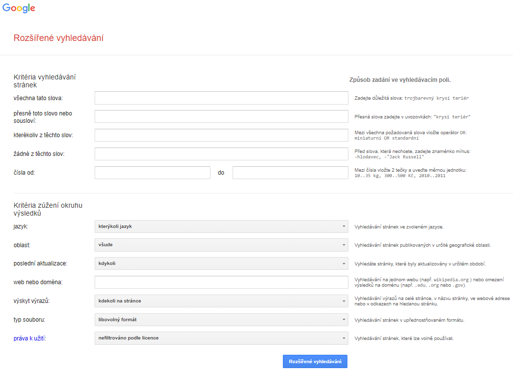 Rozšířené vyhledávání Google