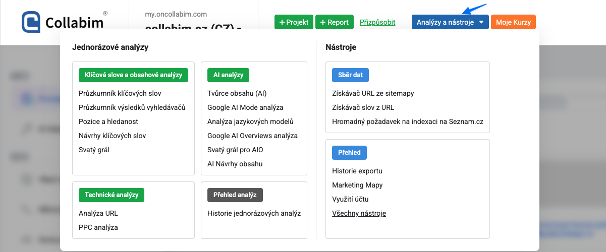 Menu Analýzy a nástroje v Collabimu — klíčová slova, technické i AI analýzy